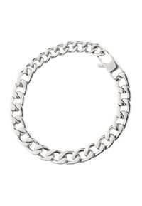 Pulsera de cadena de metal plateado con eslabones ovalados interconectados, superficie pulida y cierre de langosta, que presenta una textura suave y brillante.