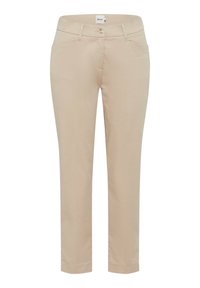 Beiga bomullbyxor med rak passform, med knappstängning, två framfickor och en slät yta. Rent design, inga mönster.