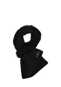 Écharpe en fausse fourrure noire, texture douce, design torsadé, étiquette avec un logo coloré, extrémités larges, adaptée pour l'hiver.