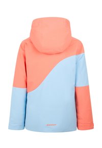 Giacca impermeabile con un design a blocchi di colore corallo e blu chiaro, tessuto strutturato e cappuccio regolabile. Logo del marchio sull'orlo.