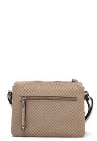 Borsa a tracolla in pelle beige perforata con chiusura superiore con zip e tasca frontale con zip. Presenta una tracolla rimovibile.