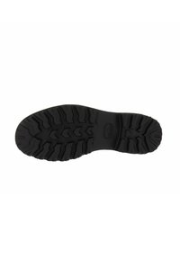 Suola di scarpa in gomma nera con un motivo di battistrada testurizzato e profondo per aderenza e trazione. Presenta una punta arrotondata e un tallone curvo per supporto ergonomico.