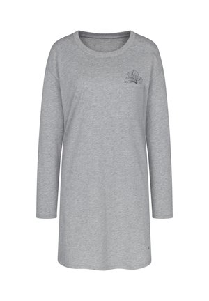 Grey long-sleeve top made of soft fabric with a round neckline, featuring a pocket and delicate black floral embroidery on the left side.