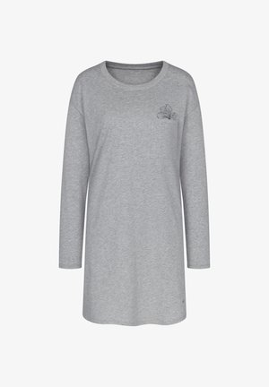 Grey long-sleeve top made of soft fabric with a round neckline, featuring a pocket and delicate black floral embroidery on the left side.