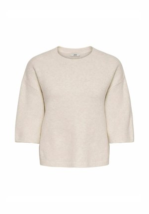 Kremfarget, kortermet strikkegenser med rund hals og ribbestrikkede mansjetter og kant, vist på hvit bakgrunn.