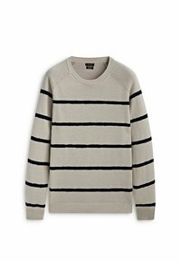 Helles graues gestricktes Sweater mit navyblauen horizontalen Streifen, Rundhalsausschnitt, gerippten Bündchen und Saum, der eine glatte Textur und ein klassisches Design präsentiert.