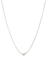 Silver necklace features a slender chain with a geometric centerpiece resembling a twisted leaf, showcasing intricate detailing and smooth texture.