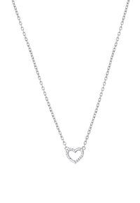 Collar de cadena de plata con un colgante en forma de corazón adornado con pequeñas piedras claras, que muestra un acabado pulido y delicados eslabones.