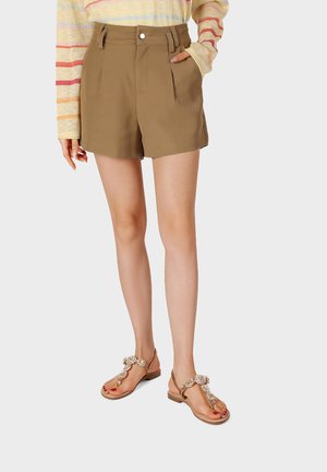 Donna che indossa pantaloncini marroni a vita alta con tasche, una maglia a maniche lunghe a righe e sandali piatti beige decorativi.