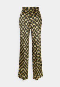 Černé vysoké kalhoty s širokými nohavicemi s celoplošným vzorem zlatého řetězu.