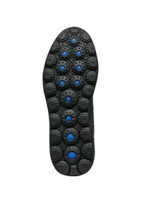 Sole di scarpa nera con motivo di battistrada circolare, caratterizzata da accenti circolari blu. Il materiale sembra gommoso con una presa testurizzata per migliorare l'aderenza.