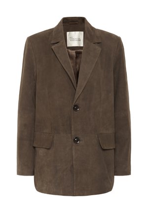 Hnědý semišový blazer s výstřihem do "V", dvěma předními kapsami a dvěma knoflíky. Hladká textura s uvolněným střihem a minimalistickým designem.