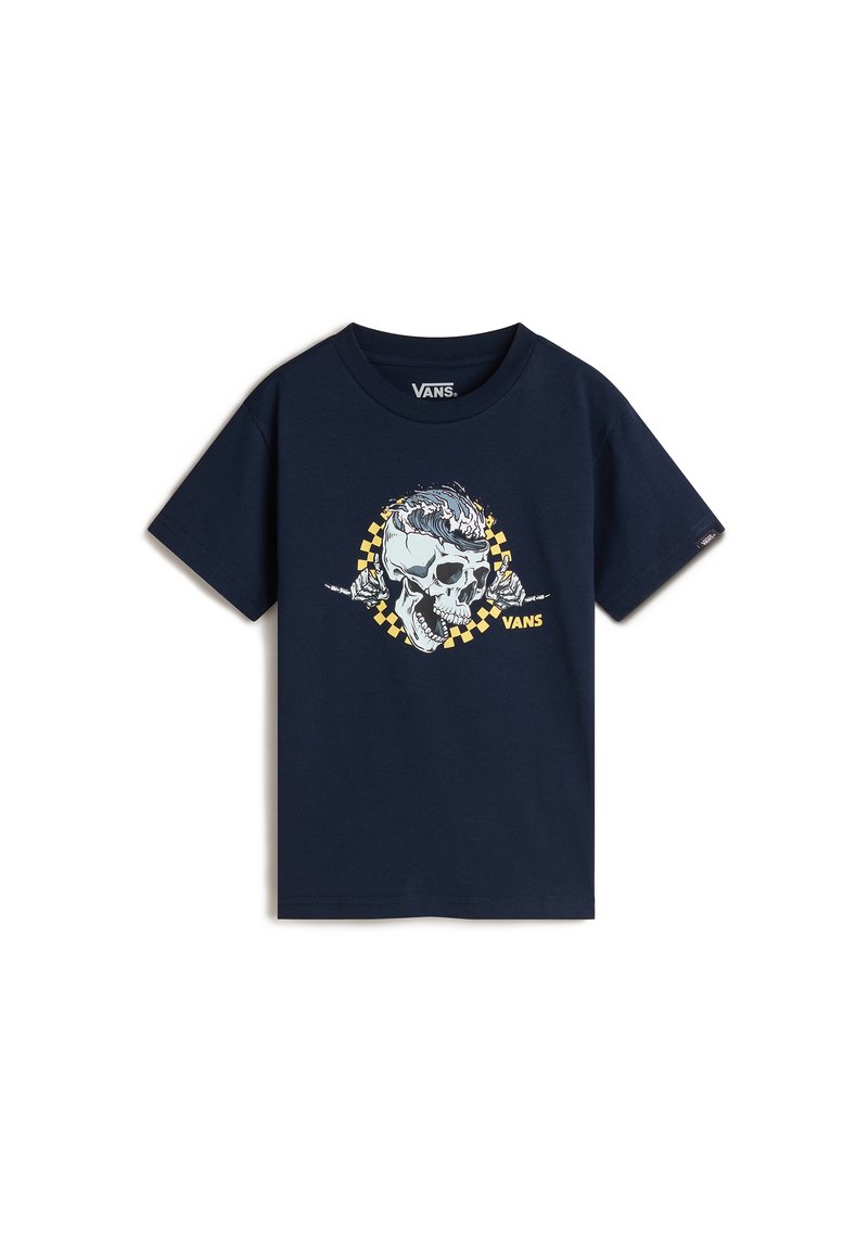 Camiseta de algodón azul marino con un diseño gráfico de calavera con cabello azul rodeada de un círculo de cuadros amarillos, mangas cortas y escote redondo.