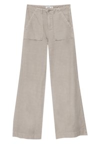 Pantalon beige à jambes larges avec grandes poches plaquées avant, fermeture à boutons et passants pour ceinture, posé à plat sur un fond blanc.