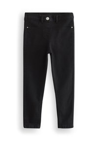 Jeans de denim negro con un diseño ajustado, que cuentan con un cierre de botón, bolsillos frontales y una textura suave. Sin patrones o diseños visibles.