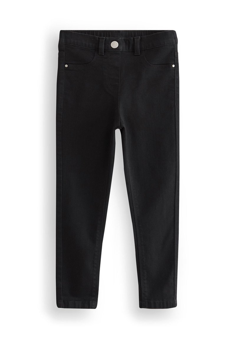 Jeans de denim negro con un diseño ajustado, que cuentan con un cierre de botón, bolsillos frontales y una textura suave. Sin patrones o diseños visibles.