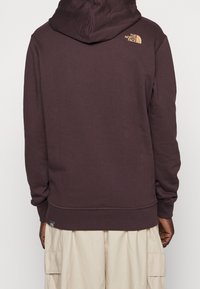 Sudadera con capucha marrón hecha de tela suave, con un pequeño logo en el hombro y puños acanalados en las mangas y el dobladillo.