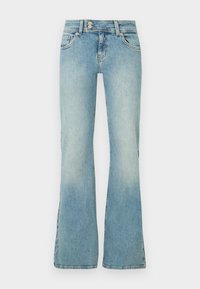 Jean flare bleu clair en denim. Il présente une taille ajustée avec deux poches avant et un léger effet délavé.