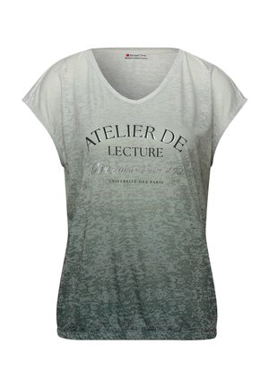 T-shirt à manches courtes et col en V avec un motif dégradé gris et le texte en français "ATELIER DE LECTURE Université de Paris" sur le devant.