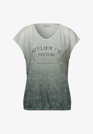 T-shirt à manches courtes et col en V avec un motif dégradé gris et le texte en français "ATELIER DE LECTURE Université de Paris" sur le devant.