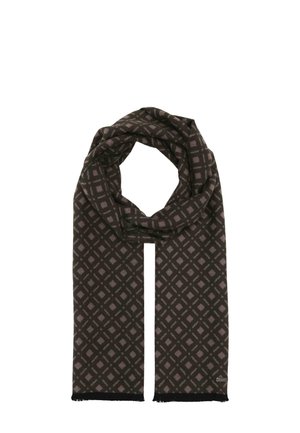 Dark brown scarf with light brown geometric diamond pattern neatly folded on white background.