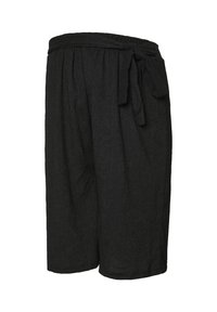 Shorts negros hasta la rodilla con una tela texturizada. Cuenta con una cinturilla elástica y un detalle de cinturón anudado. Corte holgado con caídas laterales.