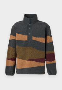 Fleece-Pullover mit hohem Kragen; verfügt über graue, braune, orange und burgunderfarbene Wellenmuster; vier graue Knöpfe am Hals.
