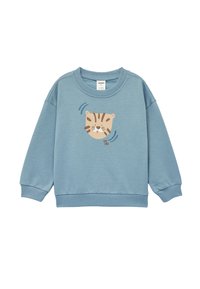 Lichtblauwe sweatshirt van zacht materiaal, met een schattig dierengezicht gedrukt op de voorkant, en met ribgebreide manchetten en zoom.