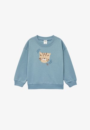 Lichtblauwe sweatshirt van zacht materiaal, met een schattig dierengezicht gedrukt op de voorkant, en met ribgebreide manchetten en zoom.