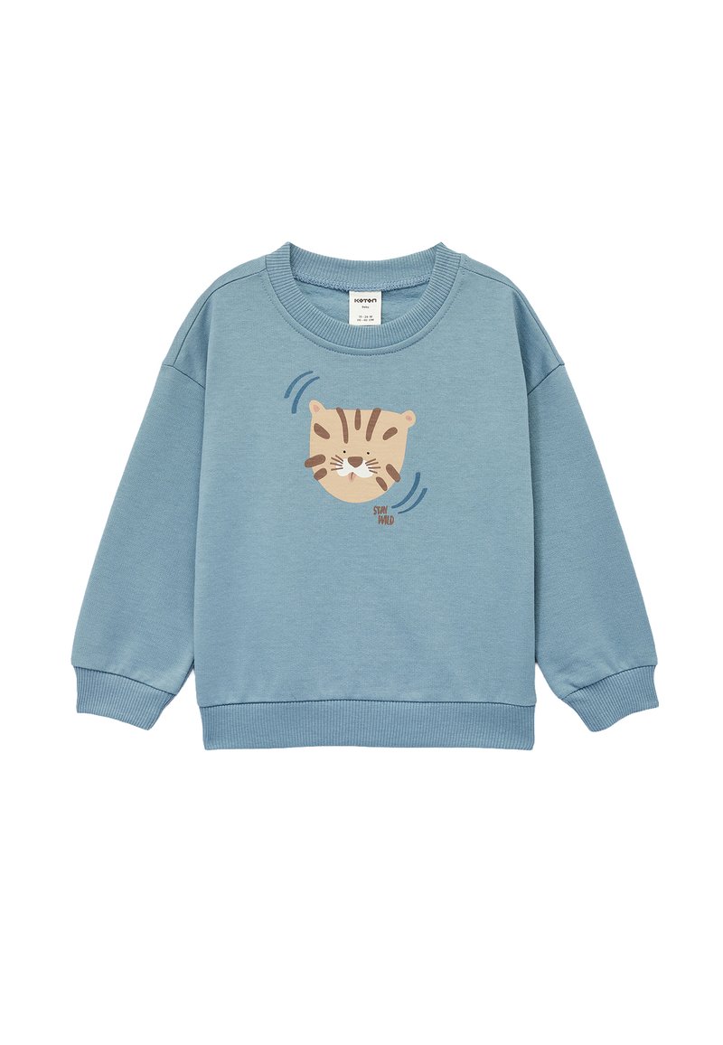 Lichtblauwe sweatshirt van zacht materiaal, met een schattig dierengezicht gedrukt op de voorkant, en met ribgebreide manchetten en zoom.