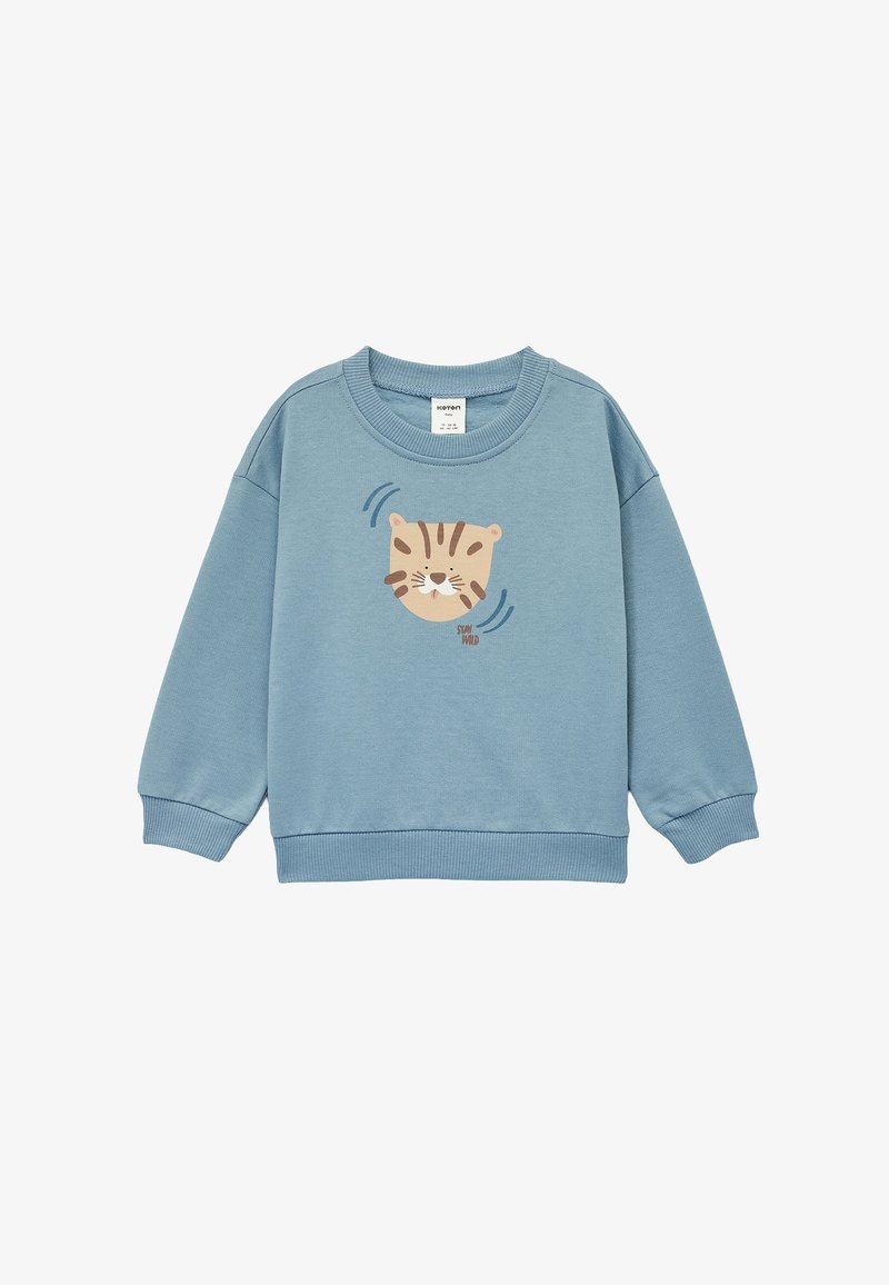 Lichtblauwe sweatshirt van zacht materiaal, met een schattig dierengezicht gedrukt op de voorkant, en met ribgebreide manchetten en zoom.