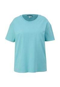 Helles Blau, kurzärmliges T-Shirt aus weicher Baumwolle. Rundhalsausschnitt und lässige Passform. Glatte Textur ohne sichtbare Muster oder Akzente.