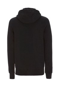 Black hoodie, cotton material, long sleeves, kangaroo pocket, front seam, ribbed cuffs and hem, smooth texture, no visible logos or designs.