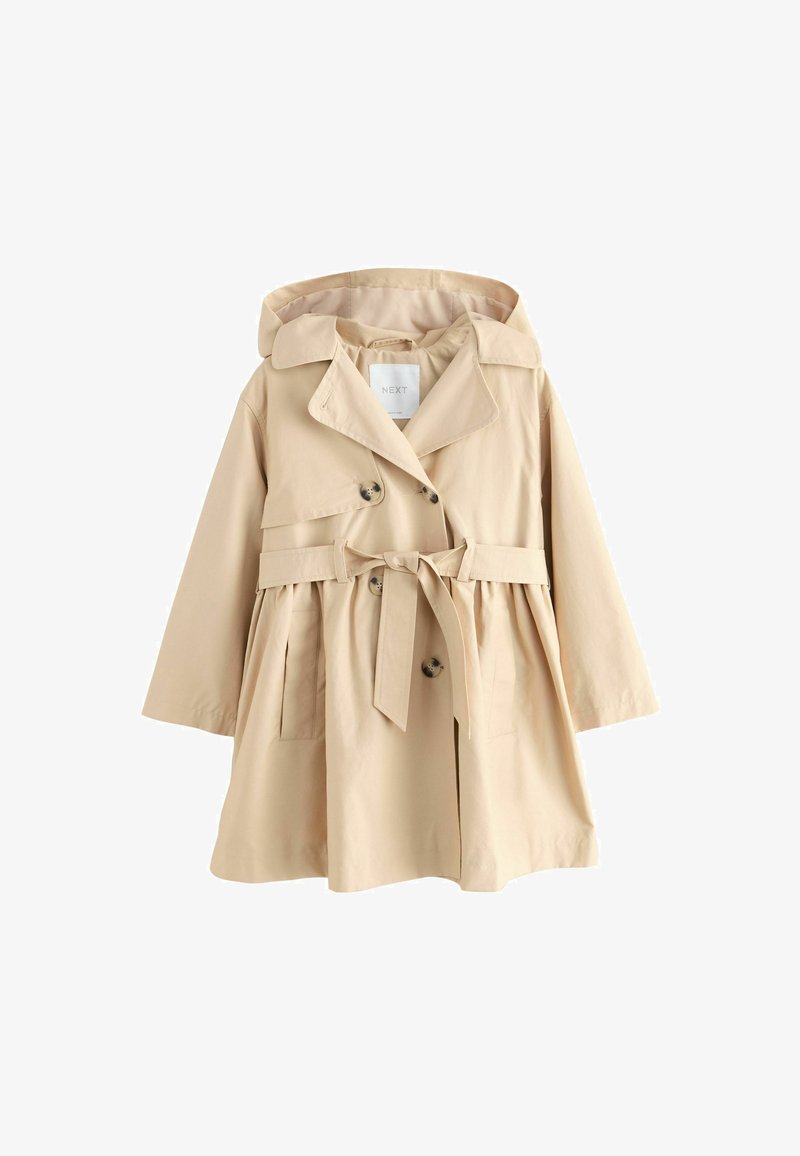 Beiger Trenchcoat mit Kapuze, weitem Kragen, doppelreihigen Knöpfen, tailliertem Gürtel und langen Ärmeln.