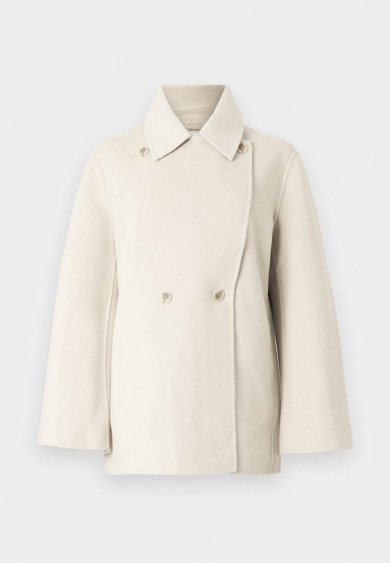 Cream-colored wool coat with a double-breasted front, wide collar, and bell sleeves; features two buttons and a soft texture.