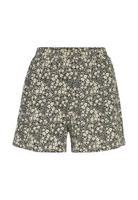 Black shorts with a cream floral pattern, elastic waistband, and a loose fit. The fabric has a smooth texture.