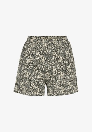 Shorts noirs avec un motif floral crème, taille élastique et coupe décontractée. Le tissu a une texture lisse.