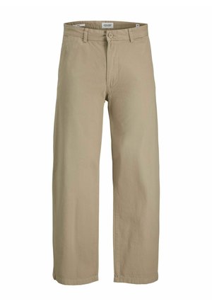 Beige katoenen broeken met een relaxte pasvorm, met een standaard tailleband, riemlussen en een enkele knoopsluiting. Geen zichtbare patronen.