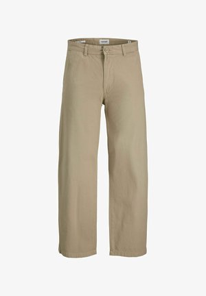 Beige katoenen broeken met een relaxte pasvorm, met een standaard tailleband, riemlussen en een enkele knoopsluiting. Geen zichtbare patronen.