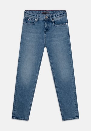 Blå straight-leg denim jeans med for- og baglommer, knap- og lynlåslukning samt subtil falming på lårene.