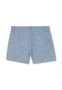 Lichtblauwe denimshorts met een textuurpatroon. Met zilveren en witte pailletten, twee voorplooien en een centrale naad aan de achterkant.
