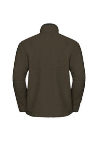 Dark olive green fleece jacket with a high collar and long sleeves. Textured fabric with a soft, fluffy appearance. Clean back design.