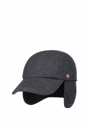 Dark gray winter cap with a curved brim and ear flaps, featuring a small round red logo on the side.