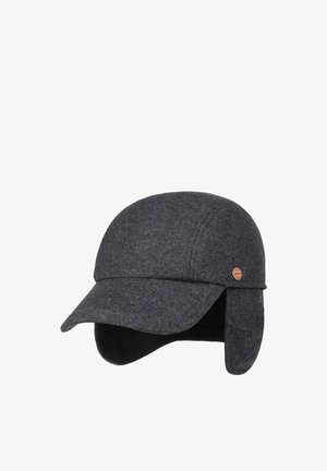 Dark gray winter cap with a curved brim and ear flaps, featuring a small round red logo on the side.