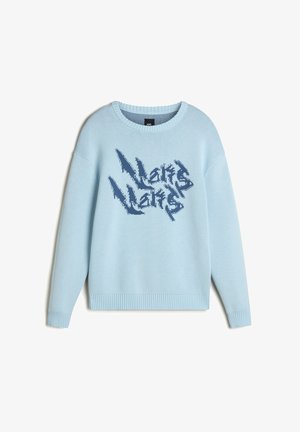 Light blue knitted sweater with a round neckline, ribbed cuffs, and hem, featuring a dark blue abstract text design on the front.