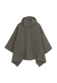 Πόντσο βροχής με κουκούλα σε ελιά πράσινο χρώμα, με δύο μπροστινές τσέπες, φαρδιές μανσέτες και ετικέτα της μάρκας στο πάνω μέρος του μπράτσου.