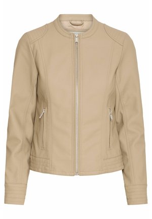Beige faux leather jacket with a round neckline, zip front, side pockets, and quilted detailing on the shoulders and sleeves.