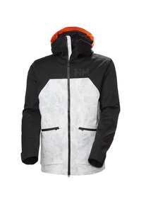 Herrenjacke in Schwarz und Weiß, gefertigt aus einem strukturierten, wasserdichten Material. Kontrastierende orangefarbene Kapuze, verstellbarer Kragen und Reißverschlusstaschen.