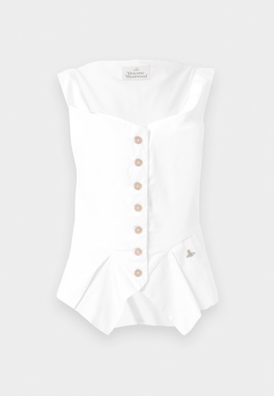 Valge ilma varrukateta topp, millel on südamekujuline dekoltee, esiosa on nööpide ja beezide nööpidega ja sälguga äärega. Kaasa on lisatud väike tikand.