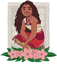 Illustration einer Figur mit langen braunen Haaren, die ein gemustertes rotes Kleid trägt, umgeben von pinken Blumen und grünen Blättern. Im Hintergrund sind tribalistische Muster zu sehen.